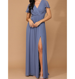 G1K Glenna Surplice Maxi Gown with Sleeves in Dusty Blue