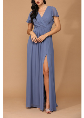 G1K Glenna Surplice Maxi Gown with Sleeves in Dusty Blue