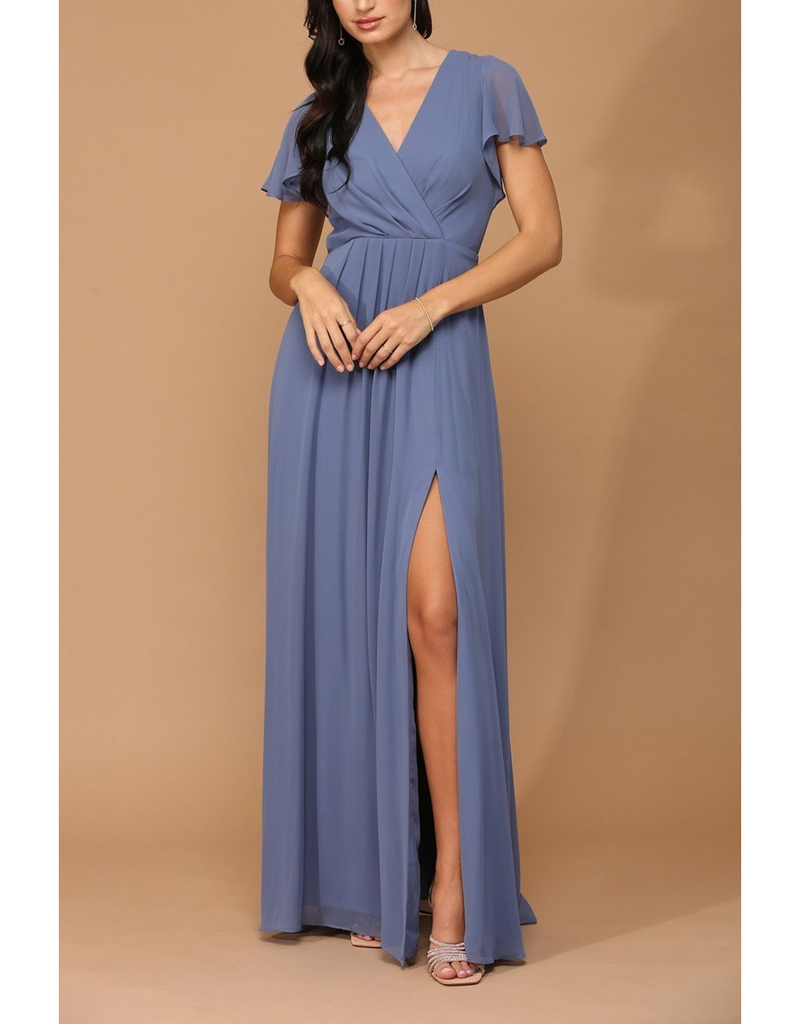 G1K Glenna Surplice Maxi Gown with Sleeves in Dusty Blue