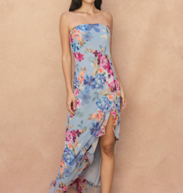 Dress Forum Garden Promenade Strapless Ruffle Slit Maxi Dress in Delicate Blues Floral