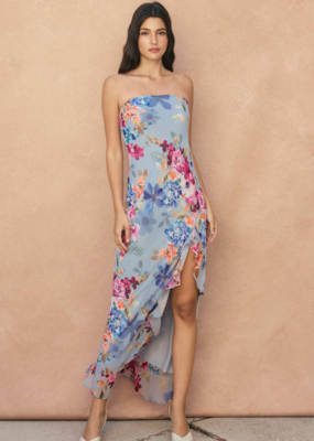 Dress Forum Garden Promenade Strapless Ruffle Slit Maxi Dress in Delicate Blues Floral