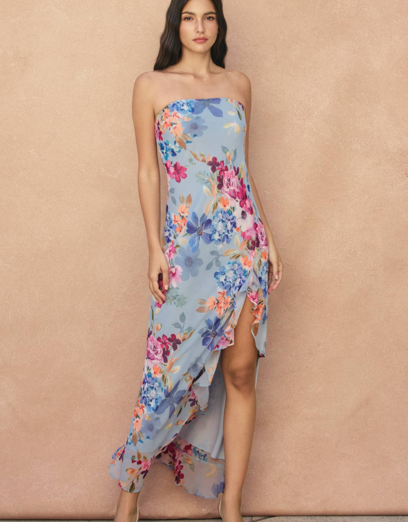 Dress Forum Garden Promenade Strapless Ruffle Slit Maxi Dress in Delicate Blues Floral