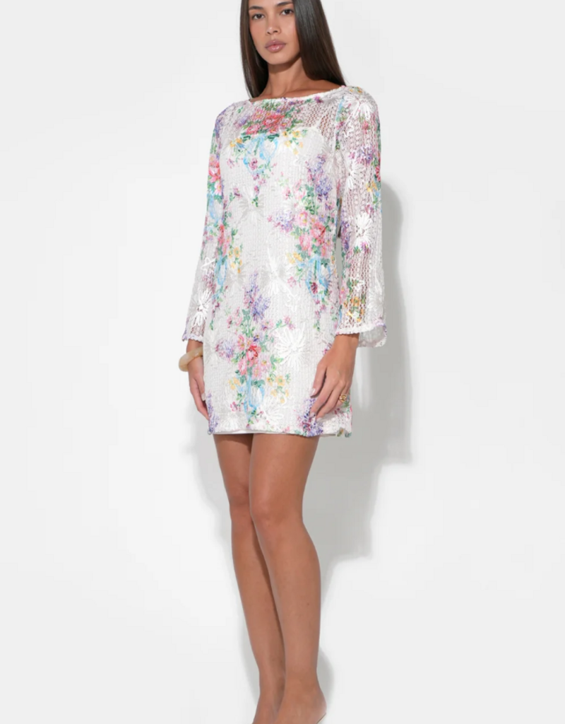 Adelyn Rae Bella Long Sleeve Crochet Mini Dress in Ivory Floral