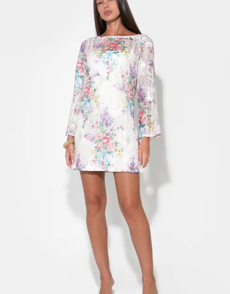 Adelyn Rae Bella Long Sleeve Crochet Mini Dress in Ivory Floral