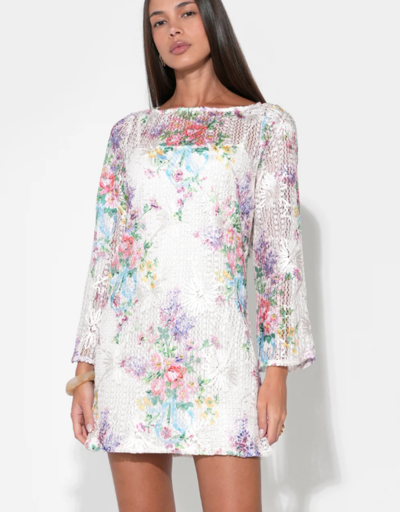 Adelyn Rae Bella Long Sleeve Crochet Mini Dress in Ivory Floral