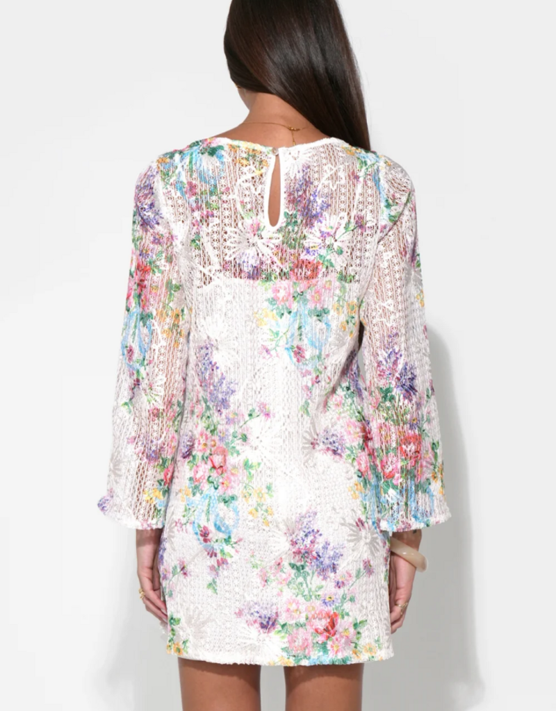 Adelyn Rae Bella Long Sleeve Crochet Mini Dress in Ivory Floral
