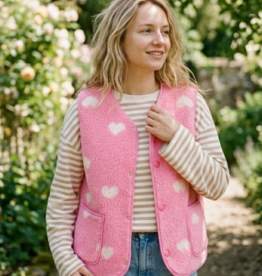 Victoria & Isaac Fleece Vest with Buttons in Pink with White Hearts