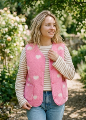 Victoria & Isaac Fleece Vest with Buttons in Pink with White Hearts