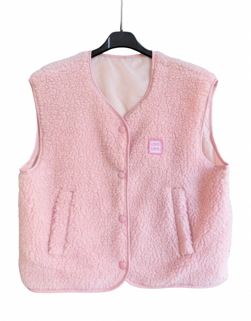 Victoria & Isaac Love Patch Fleece Vest with Buttons in Light Pink