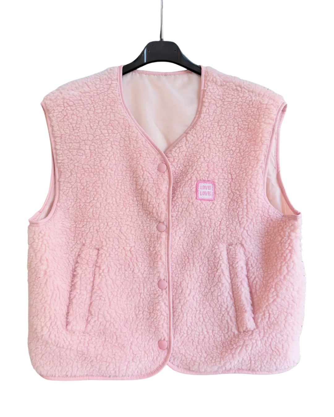 Love Patch Fleece Vest with Buttons in Light Pink - Adorn Boutique