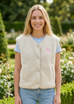 Victoria & Isaac Love Patch Fleece Vest with Buttons in White