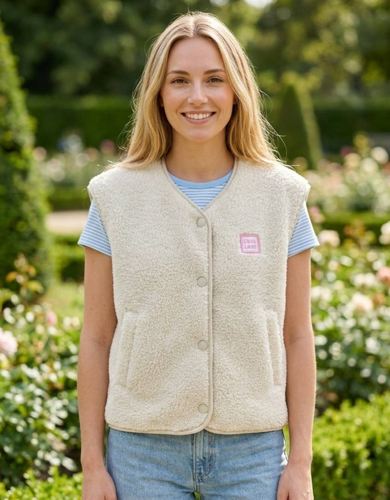 Victoria & Isaac Love Patch Fleece Vest with Buttons in White