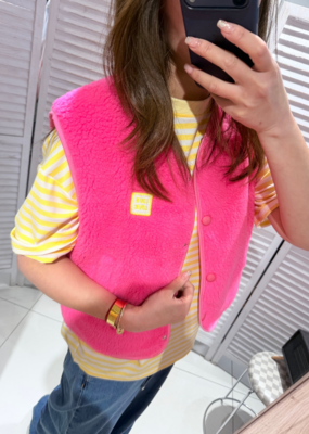 Victoria & Isaac Love Patch Fleece Vest with Buttons in Bright Pink