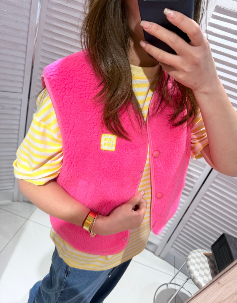 Victoria & Isaac Love Patch Fleece Vest with Buttons in Bright Pink