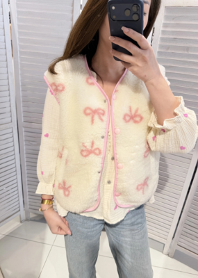 Victoria & Isaac Fleece Vest with Buttons in White w/ Pink Bows
