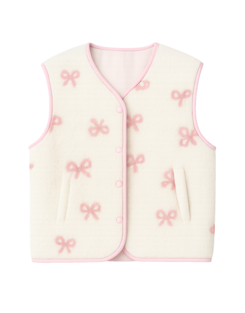 Victoria & Isaac Fleece Vest with Buttons in White w/ Pink Bows
