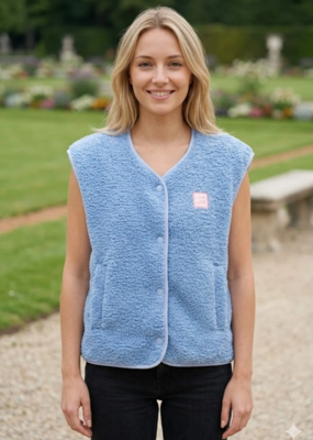 Victoria & Isaac Love Patch Fleece Vest with Buttons in Light Blue