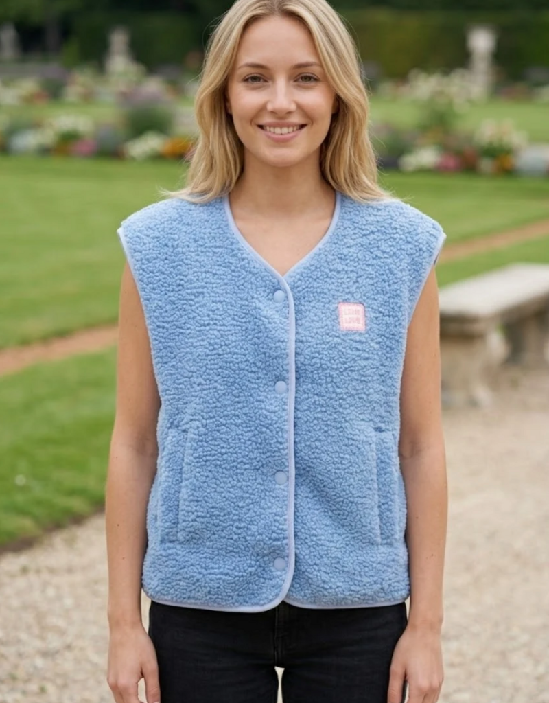 Victoria & Isaac Love Patch Fleece Vest with Buttons in Light Blue