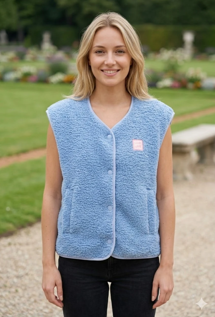 Love Patch Fleece Vest with Buttons in Light Blue - Adorn Boutique