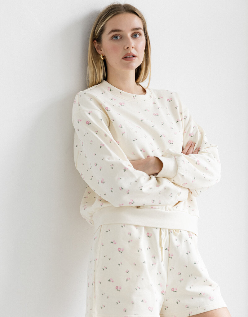 Brunette the Label Floral Crew in Cream with Pink
