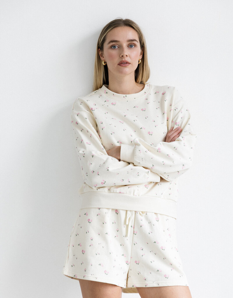 Brunette the Label Floral Crew in Cream with Pink