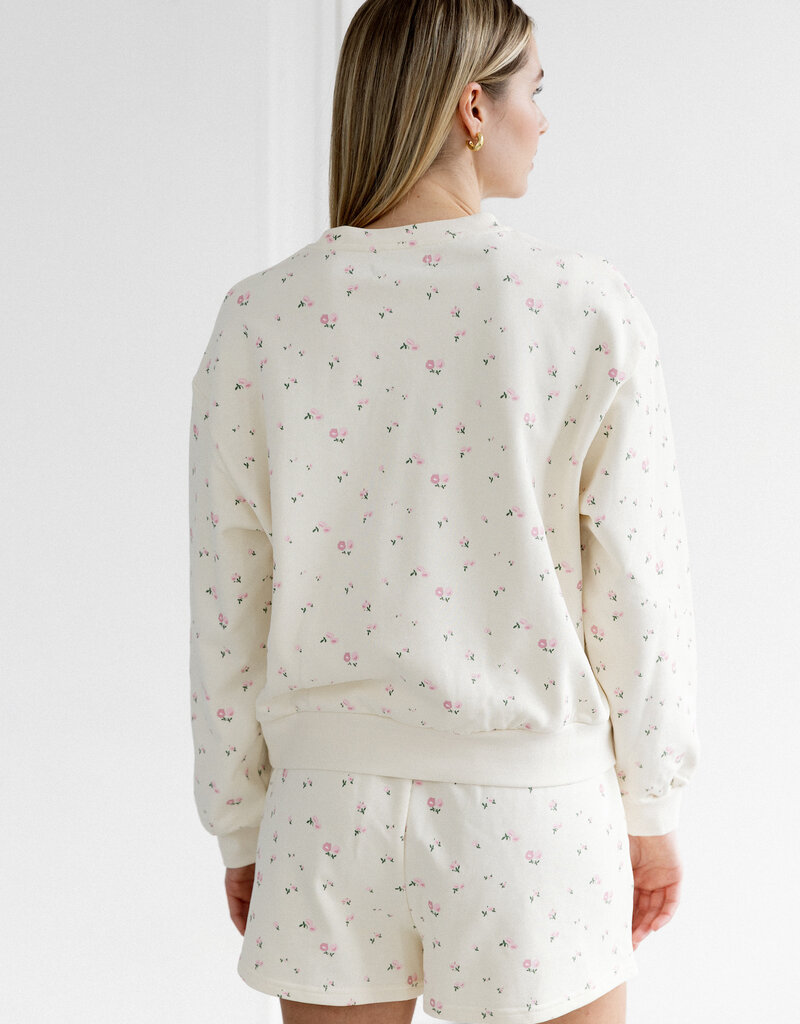 Brunette the Label Floral Crew in Cream with Pink