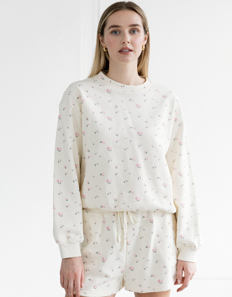 Brunette the Label Floral Crew in Cream with Pink