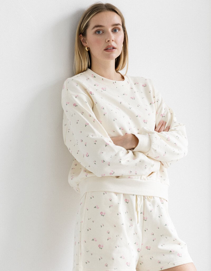 Brunette the Label Floral Little Sister Shorts in Cream with Pink