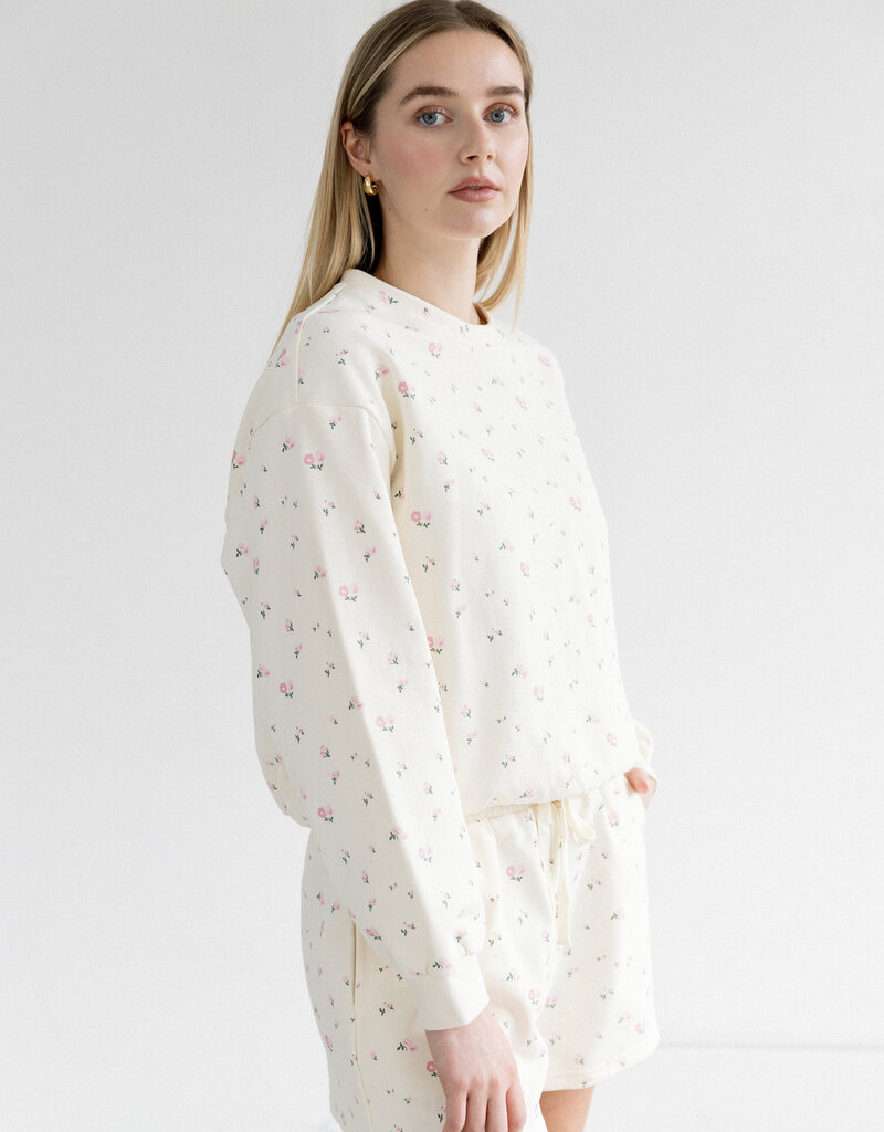 Brunette the Label Floral Little Sister Shorts in Cream with Pink