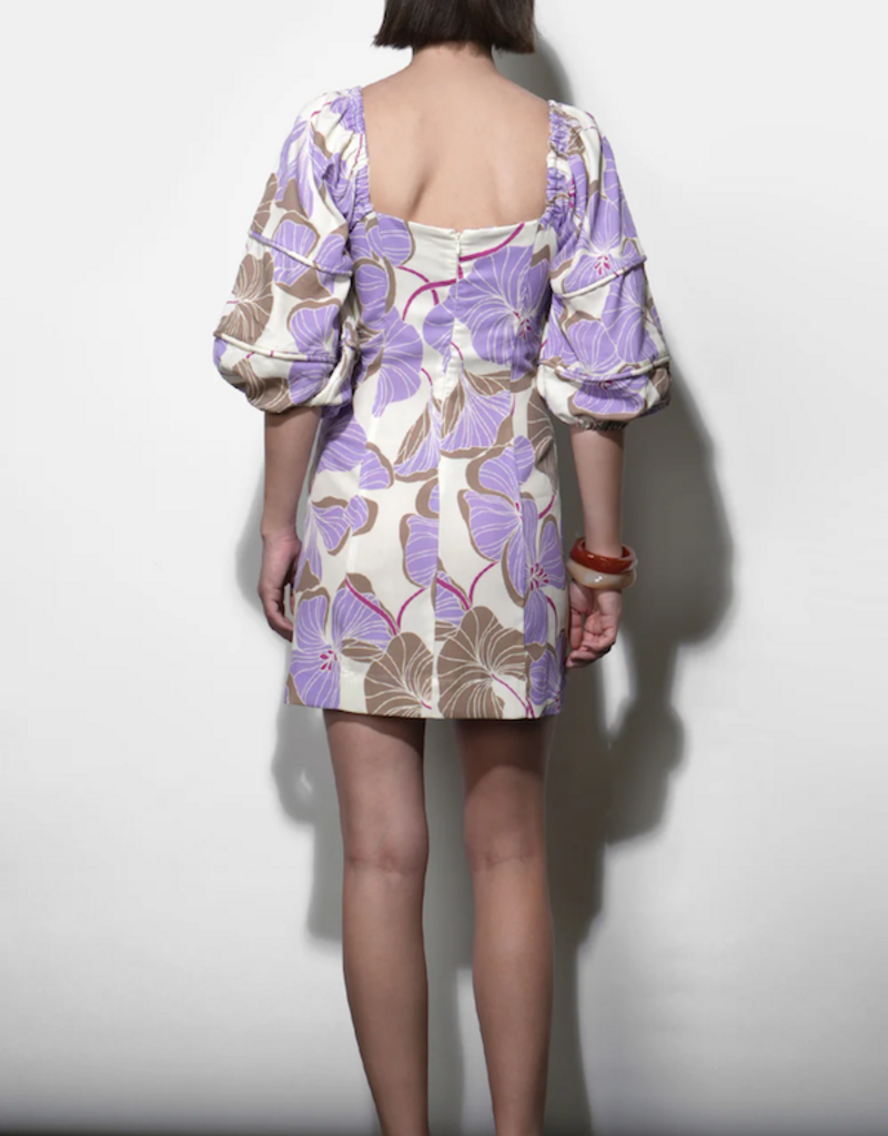Greylin Emery Piped Bubble Sleeve Mini Dress in Cream/Lilac Print