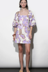 Greylin Emery Piped Bubble Sleeve Mini Dress in Cream/Lilac Print