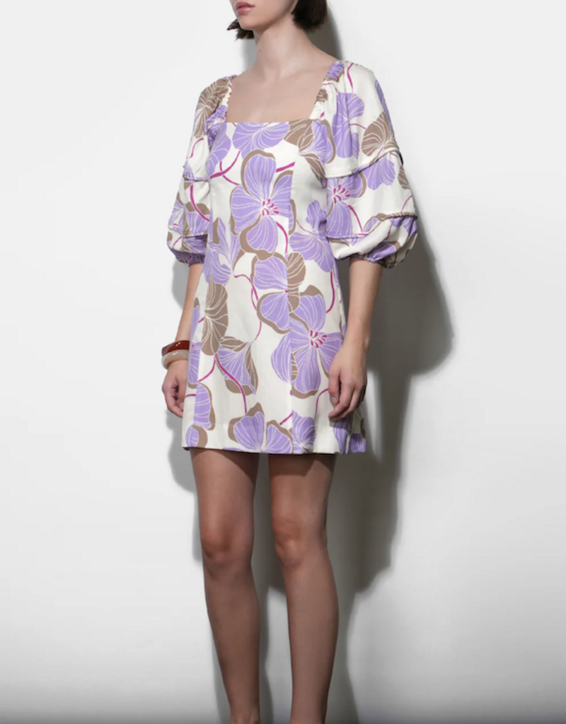 Greylin Emery Piped Bubble Sleeve Mini Dress in Cream/Lilac Print