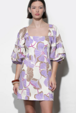 Greylin Emery Piped Bubble Sleeve Mini Dress in Cream/Lilac Print