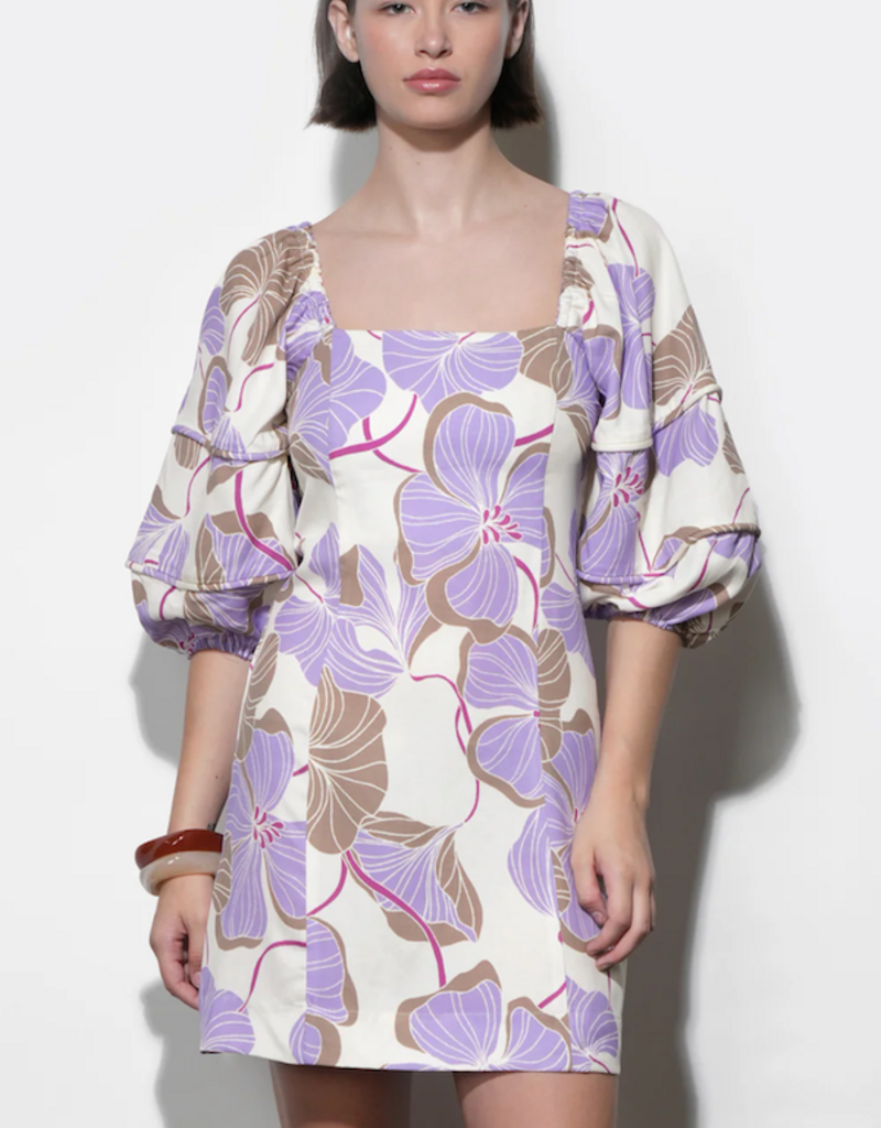 Greylin Emery Piped Bubble Sleeve Mini Dress in Cream/Lilac Print