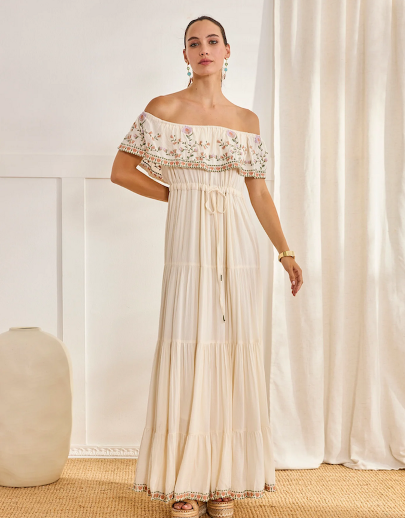 NKN Barcelona Cres Long Dress with Embroidered Boat-Neck in Off-White