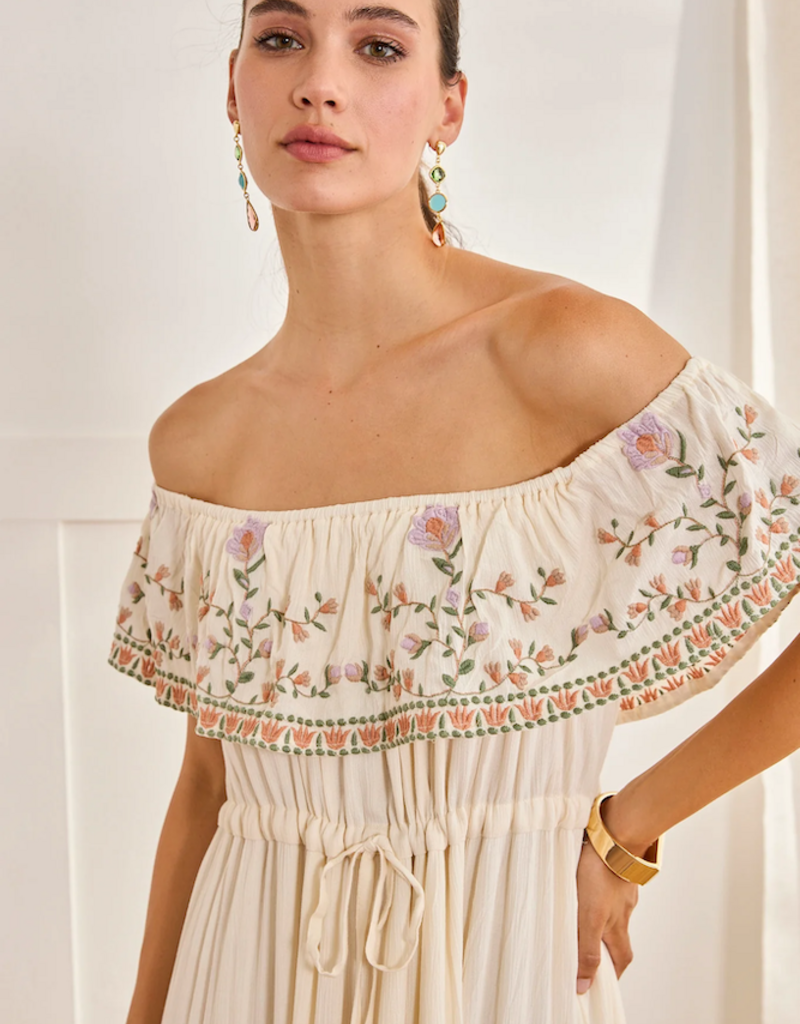 NKN Barcelona Cres Long Dress with Embroidered Boat-Neck in Off-White