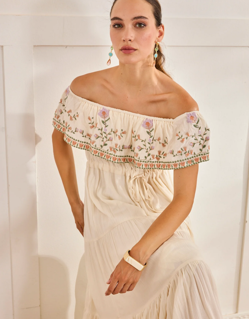 NKN Barcelona Cres Long Dress with Embroidered Boat-Neck in Off-White
