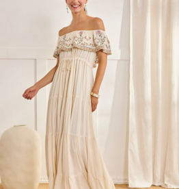 NKN Barcelona Cres Long Dress with Embroidered Boat-Neck in Off-White