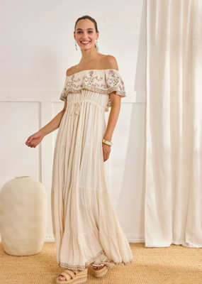NKN Barcelona Cres Long Dress with Embroidered Boat-Neck in Off-White