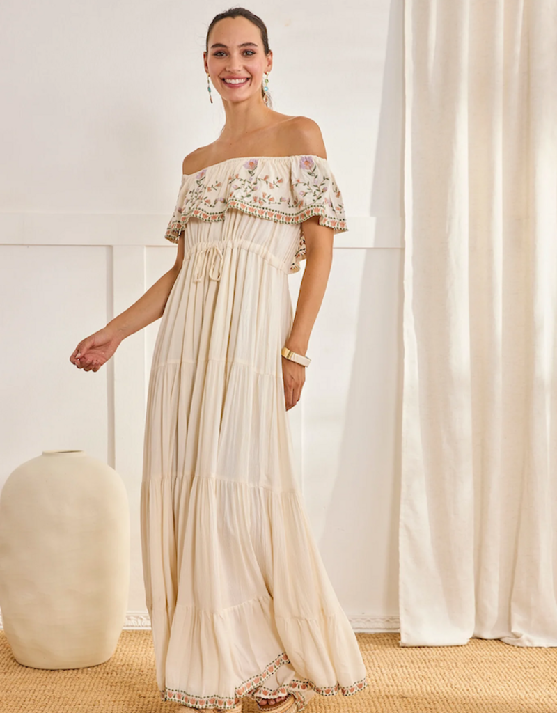 NKN Barcelona Cres Long Dress with Embroidered Boat-Neck in Off-White