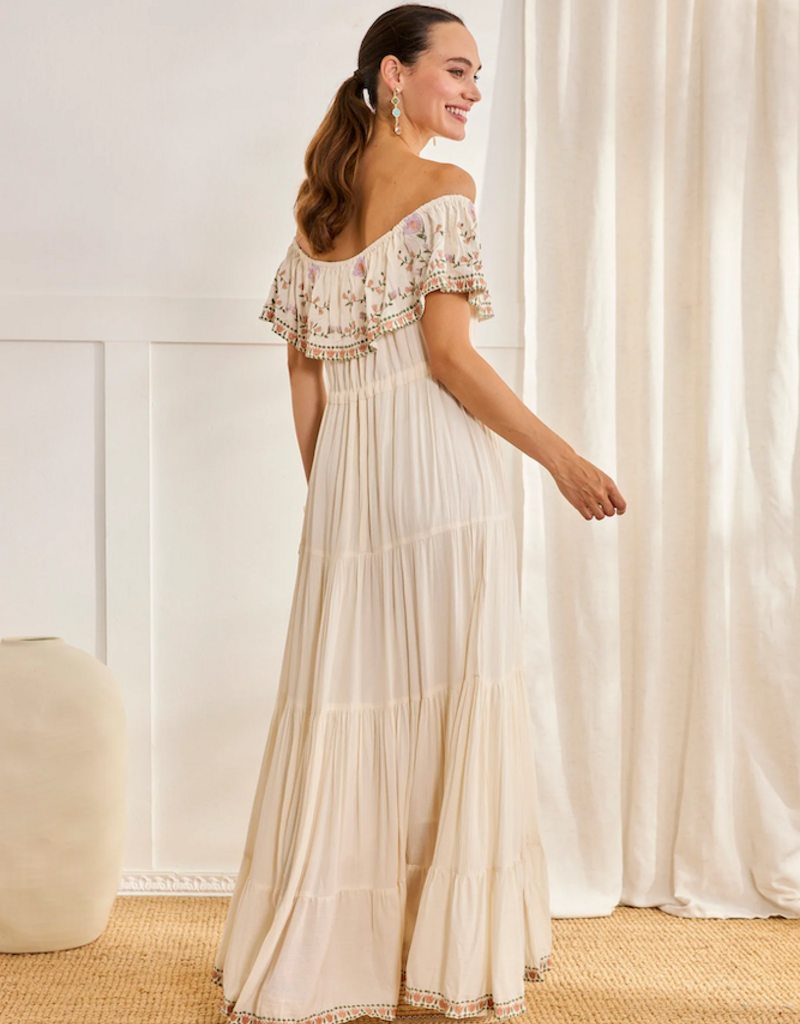 NKN Barcelona Cres Long Dress with Embroidered Boat-Neck in Off-White