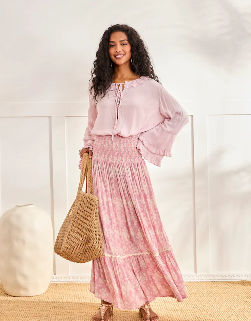NKN Barcelona Lilas Long Smocked Waist Skirt in Rose Floral Print