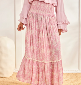 NKN Barcelona Lilas Long Smocked Waist Skirt in Rose Floral Print