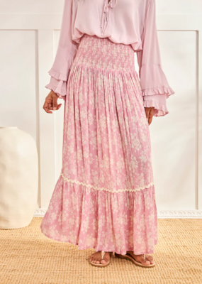 NKN Barcelona Lilas Long Smocked Waist Skirt in Rose Floral Print