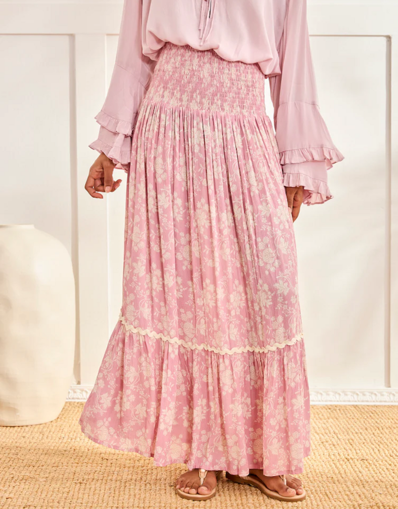 NKN Barcelona Lilas Long Smocked Waist Skirt in Rose Floral Print