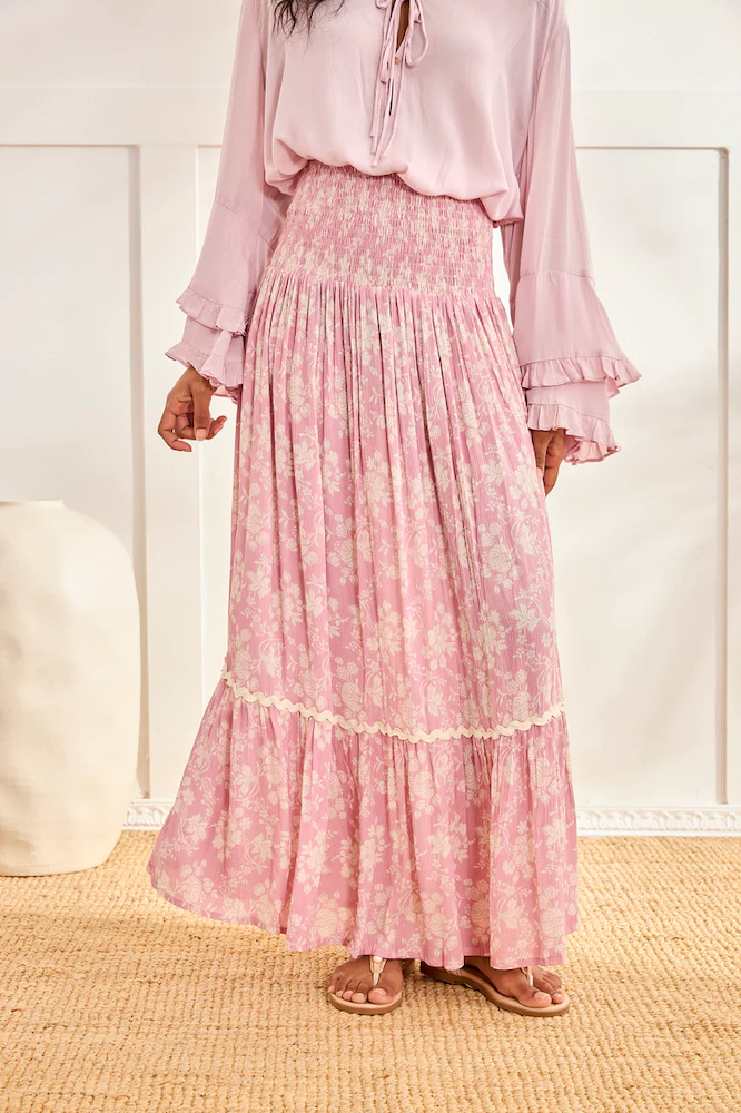 Lilas Long Smocked Waist Skirt in Rose Floral Print - Adorn Boutique