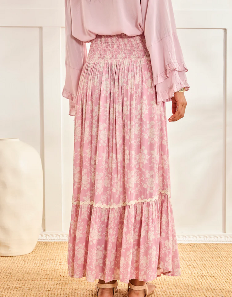NKN Barcelona Lilas Long Smocked Waist Skirt in Rose Floral Print