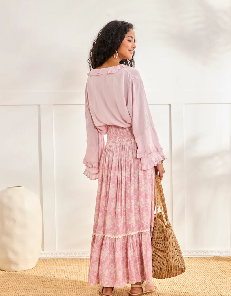 NKN Barcelona Lilas Long Smocked Waist Skirt in Rose Floral Print