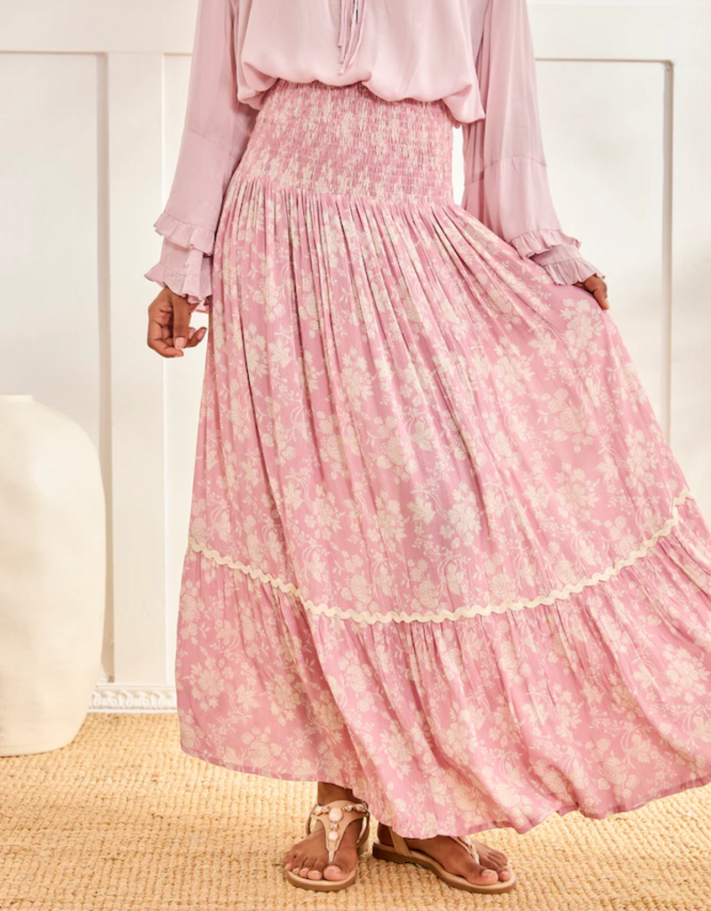NKN Barcelona Lilas Long Smocked Waist Skirt in Rose Floral Print