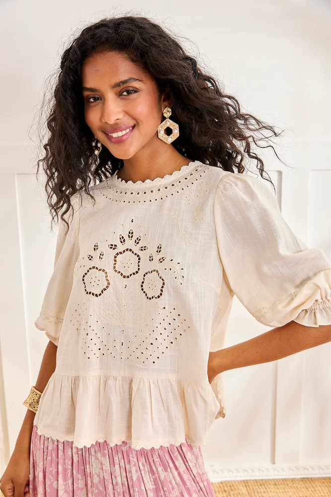 Jacin Blouse with Openwork Embroidery in Cream - Adorn Boutique